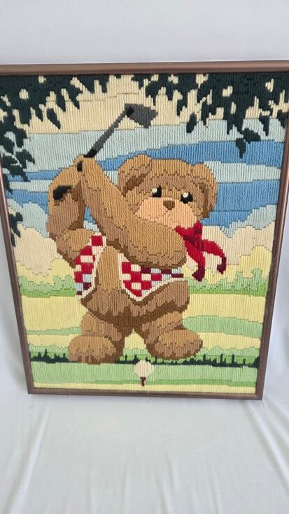 Bear Other - Vtg Needlepoint Golfer Bear 14 x 11